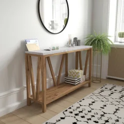 Charlotte Farmhouse 2-Tier Console Accent Table -Warm Oak Finish Engineered Wood Frame - Concrete Finish Tabletop - For Entryway or Living Room