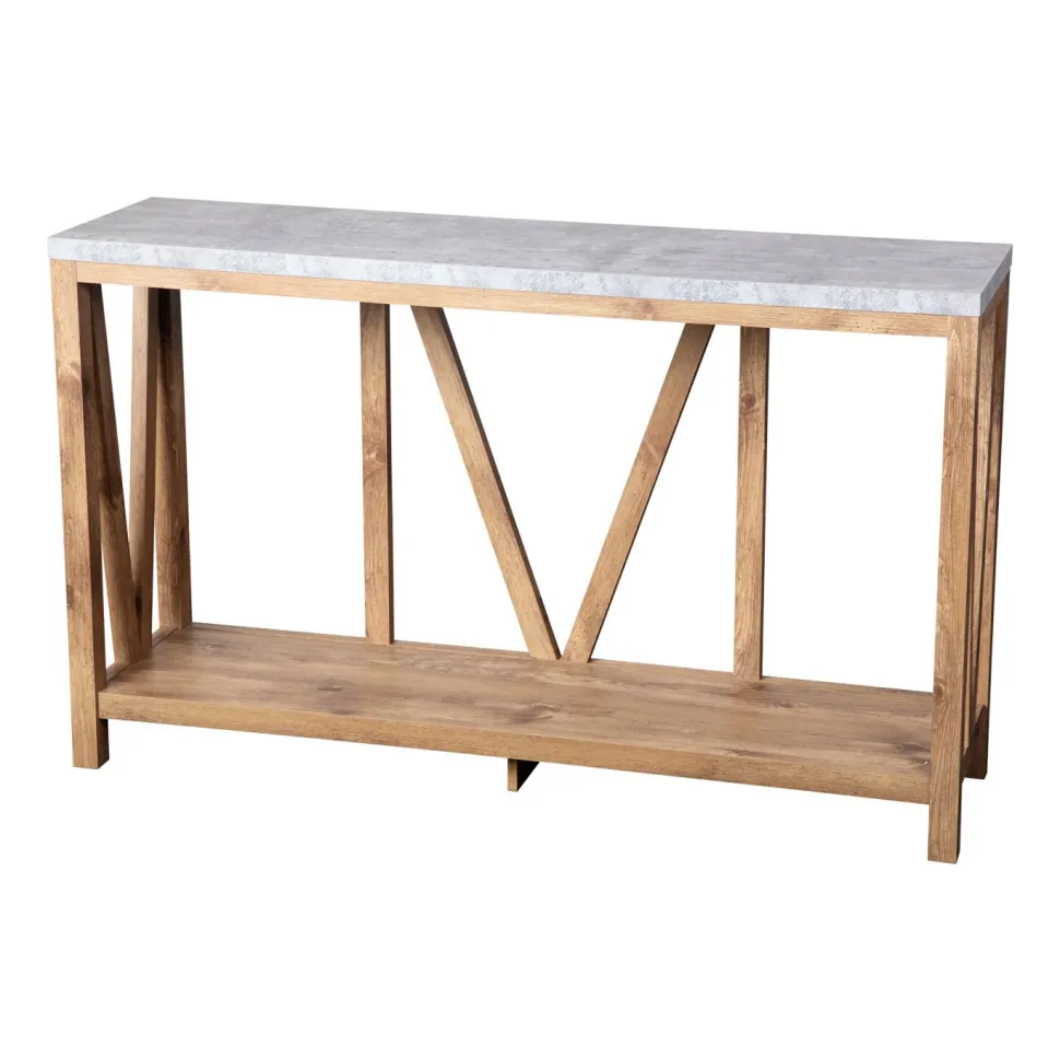 Charlotte Farmhouse 2-Tier Console Accent Table -Warm Oak Finish Engineered Wood Frame - Concrete Finish Tabletop - For Entryway or Living Room
