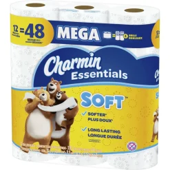 Charmin Essentials 2-Ply Soft Mega Toilet Paper Rolls, 15” x 5-1/4”, White, 330 Sheets Per Roll, Pack Of 12 Rolls