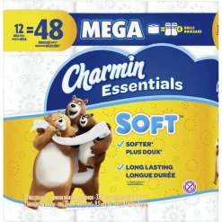 Charmin Essentials 2-Ply Soft Mega Toilet Paper Rolls, 15” x 5-1/4”, White, 330 Sheets Per Roll, Pack Of 12 Rolls