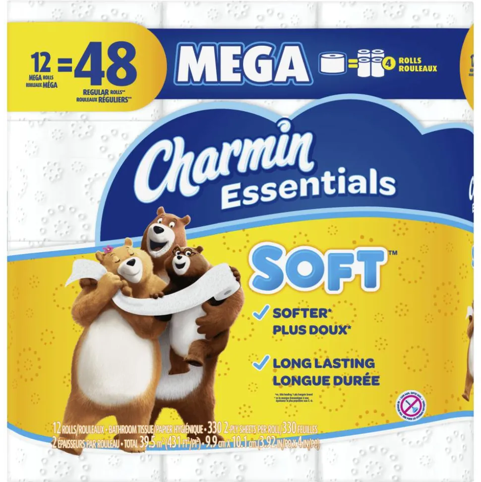 Charmin Essentials 2-Ply Soft Mega Toilet Paper Rolls, 15” x 5-1/4”, White, 330 Sheets Per Roll, Pack Of 12 Rolls