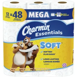 Charmin Essentials 2-Ply Soft Mega Toilet Paper Rolls, 15” x 5-1/4”, White, 330 Sheets Per Roll, Pack Of 12 Rolls