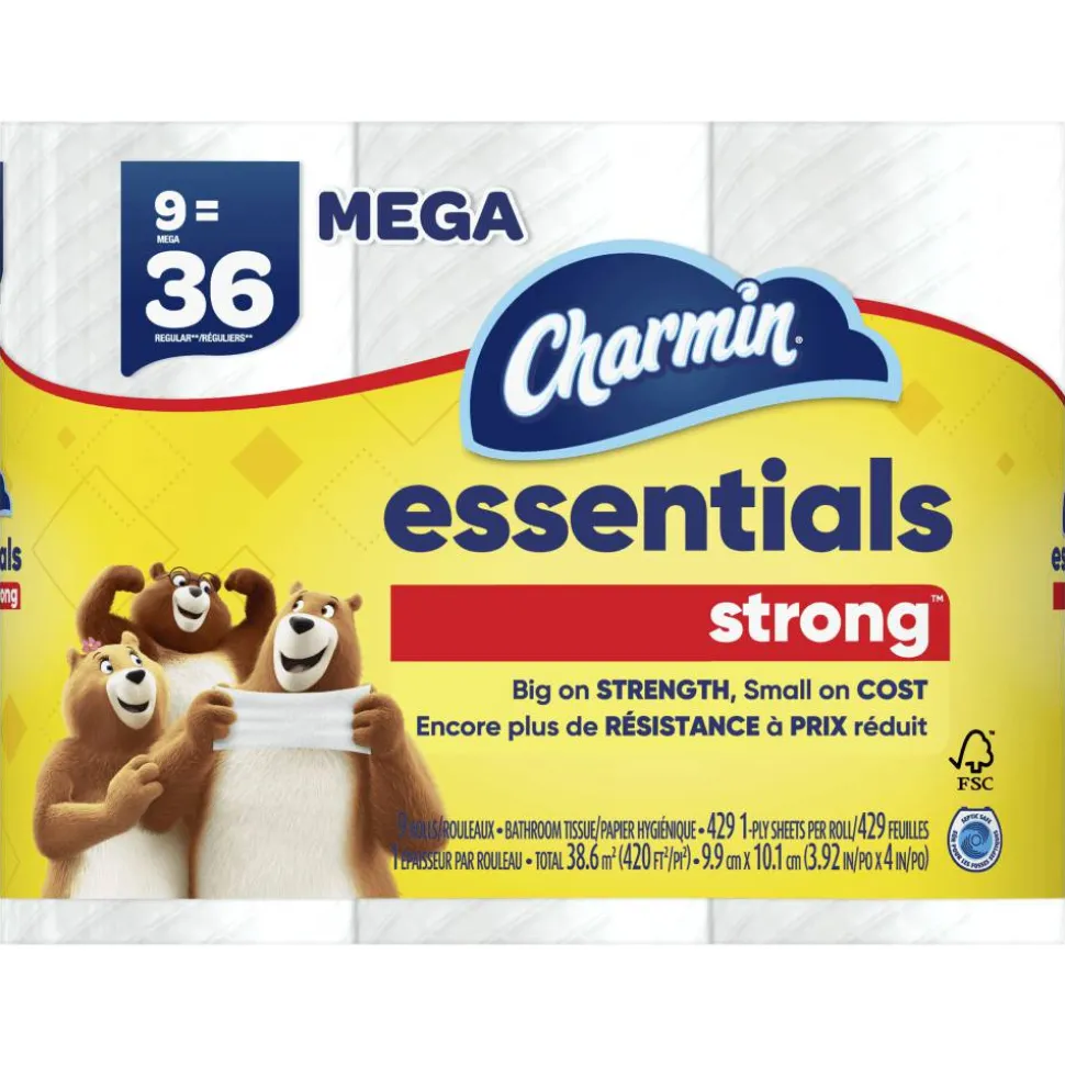 Charmin Essentials Strong Mega 2-Ply Toilet Paper Rolls, 4" x 4-1/2", White, 429 Sheets Per Roll, Pack Of 9 Rolls