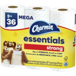 Charmin Essentials Strong Mega 2-Ply Toilet Paper Rolls, 4" x 4-1/2", White, 429 Sheets Per Roll, Pack Of 9 Rolls