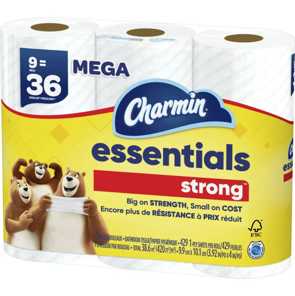 Charmin Essentials Strong Mega 2-Ply Toilet Paper Rolls, 4" x 4-1/2", White, 429 Sheets Per Roll, Pack Of 9 Rolls