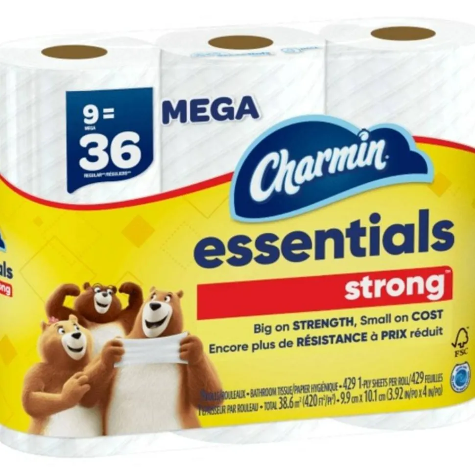 Charmin Essentials Strong Mega 2-Ply Toilet Paper Rolls, 4" x 4-1/2", White, 429 Sheets Per Roll, Pack Of 9 Rolls