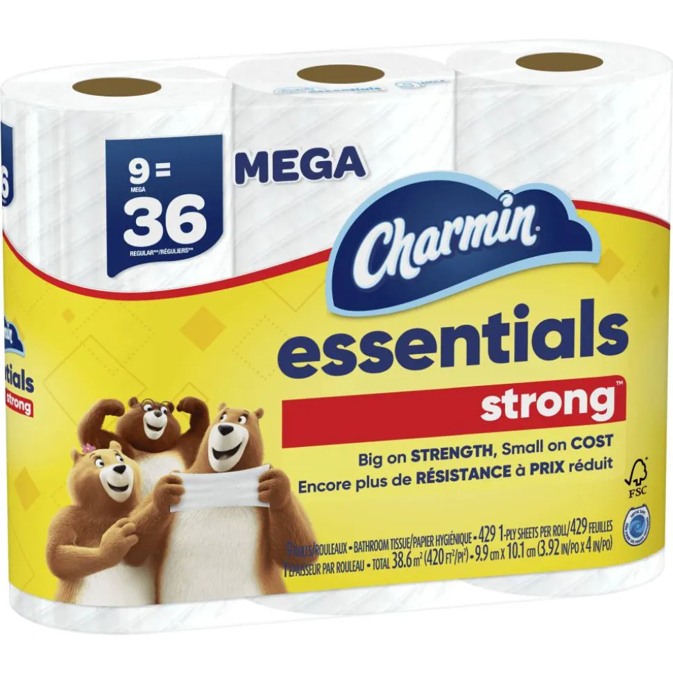 Charmin Essentials Strong Mega 2-Ply Toilet Paper Rolls, 4" x 4-1/2", White, 429 Sheets Per Roll, Pack Of 9 Rolls