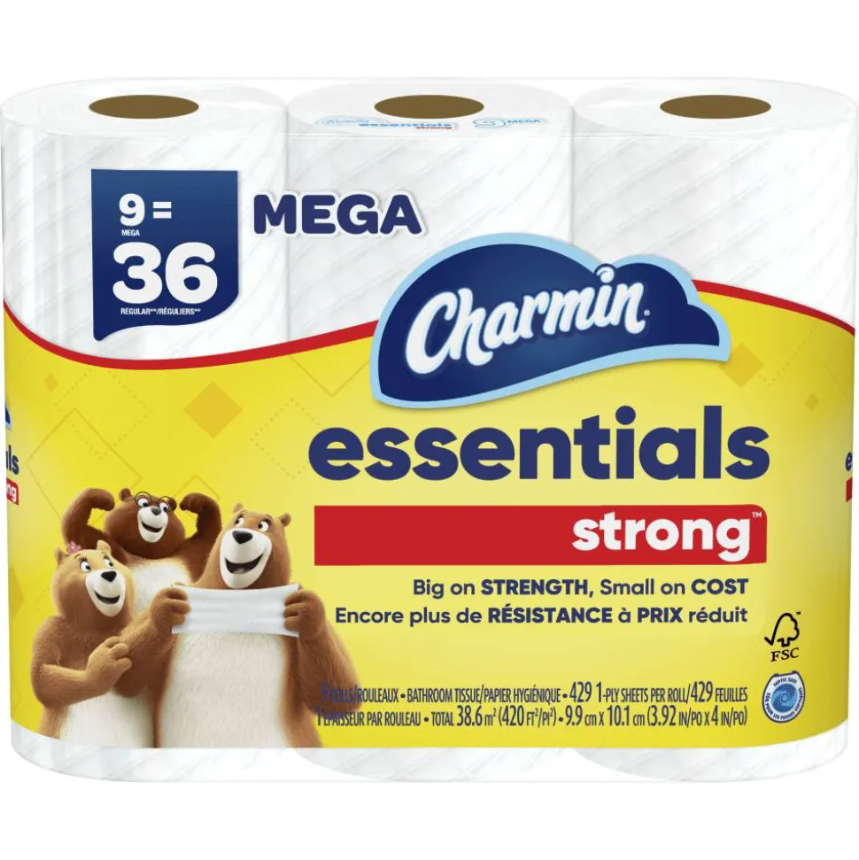 Charmin Essentials Strong Mega 2-Ply Toilet Paper Rolls, 4" x 4-1/2", White, 429 Sheets Per Roll, Pack Of 9 Rolls