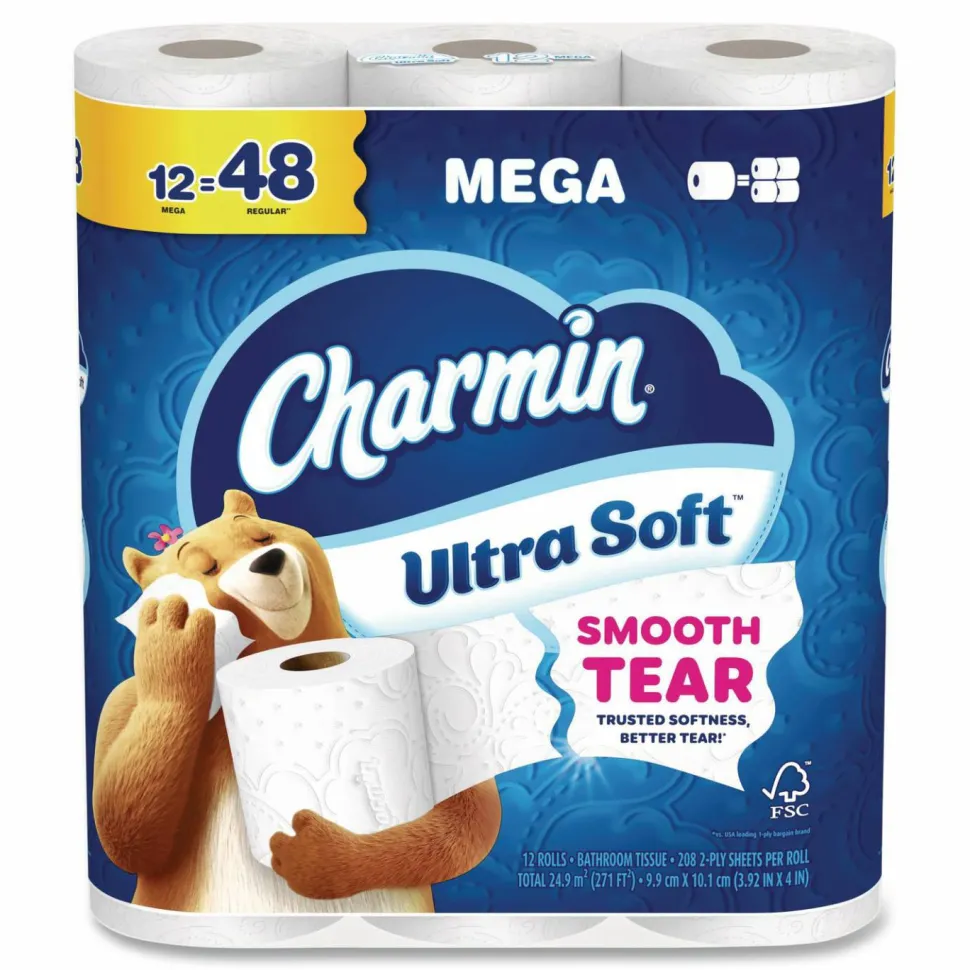 Charmin Ultra Soft Bathroom Tissue, Mega Roll, Septic Safe, 2-Ply, White, 208 Sheets/Roll, 12 Rolls/Pack, 5 Packs/Carton