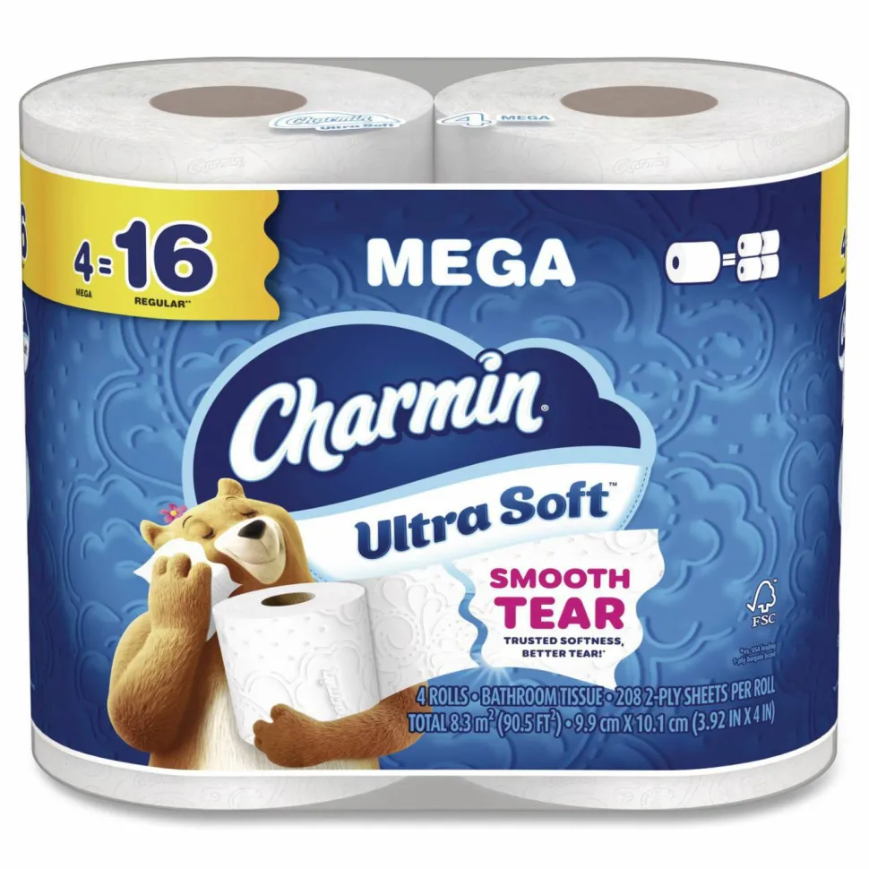 Charmin Ultra Soft Bathroom Tissue, Mega Roll, Septic Safe, 2-Ply, White, 208 Sheets/Roll, 4 Rolls/Pack, 8 Packs/Carton