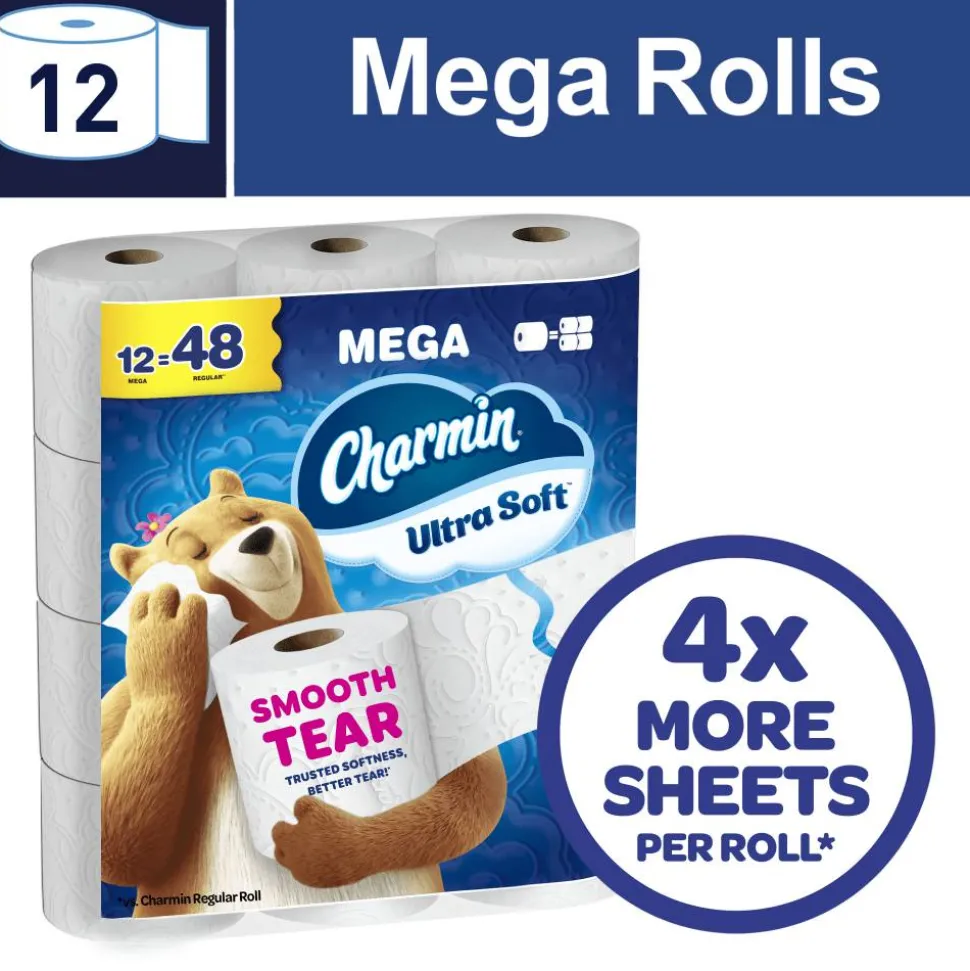 Charmin Ultra Soft 2-Ply Toilet Paper, 4" x 4", 208 Sheets Per Roll, Pack Of 12 Mega Rolls