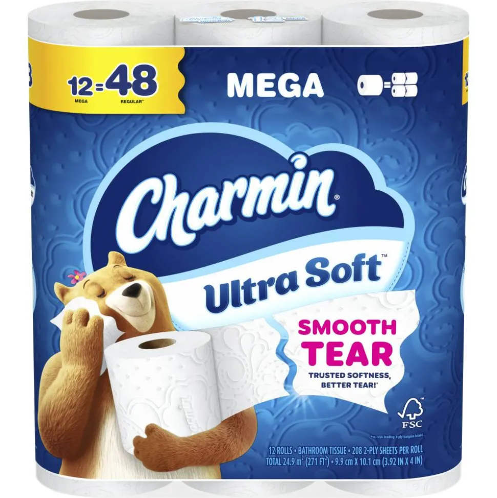 Charmin Ultra Soft 2-Ply Toilet Paper, 4" x 4", 208 Sheets Per Roll, Pack Of 12 Mega Rolls