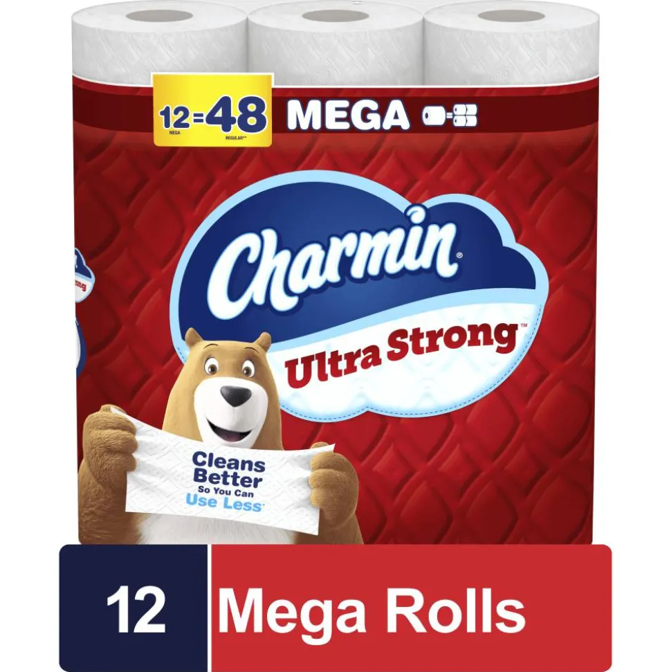 Charmin Ultra Strong Toilet Paper Mega Rolls, 4” x 3-15/16”, White, 220 Sheets Per Roll, Pack Of 12 Mega Rolls