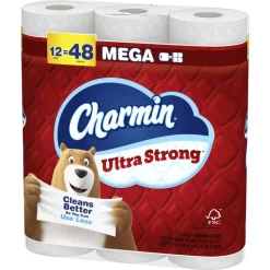 Charmin Ultra Strong Toilet Paper Mega Rolls, 4” x 3-15/16”, White, 220 Sheets Per Roll, Pack Of 12 Mega Rolls