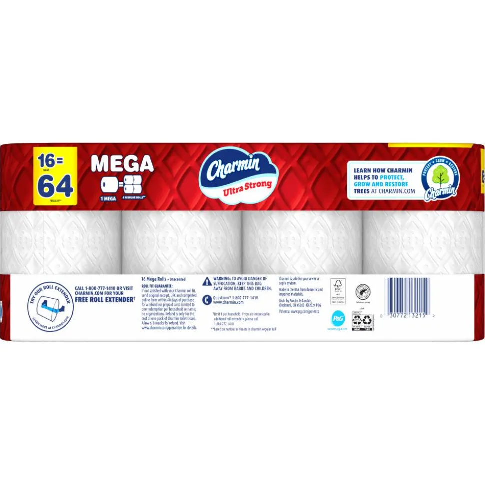 Charmin Ultra Strong Toilet Paper Mega Rolls, 4” x 3-15/16”, White, 220 Sheets Per Roll, Pack Of 16 Mega Rolls