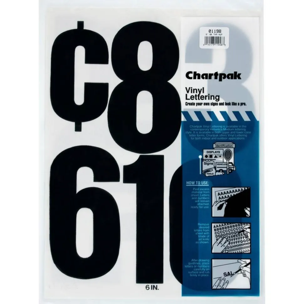 Chartpak Press-On Vinyl Self-Adhesive Numbers, 6" Tall, Black Characters, 21/Pack