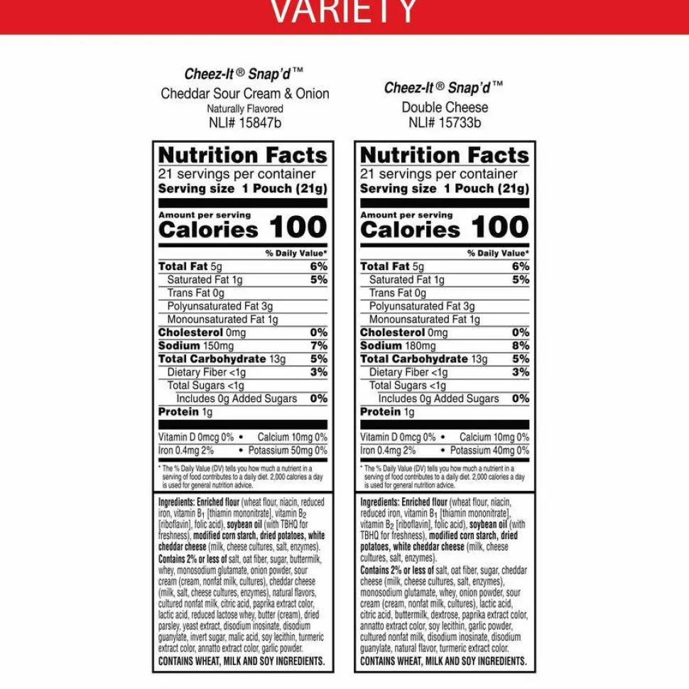 Cheez-It Snap'd Crackers Variety Pack, Cheddar Sour Cream and Onion; Double Cheese, 0.75 oz Bag, 42/Carton