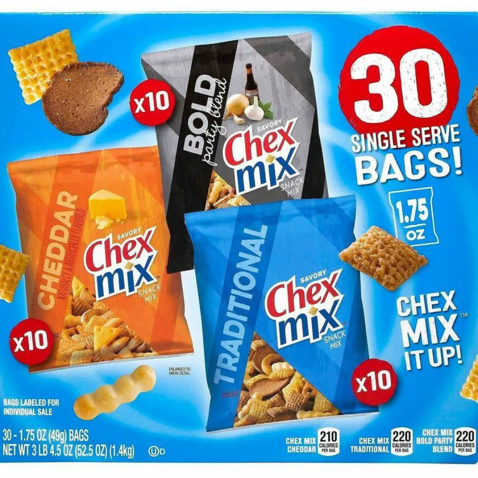 Chex Mix Varieties, Assorted Flavors, 1.75 oz Pack, 30 Packs/Carton