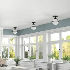 Cieonna 9.25" Wide Semi Flush Mount with Glass Shade in Blackened Bronze/White
