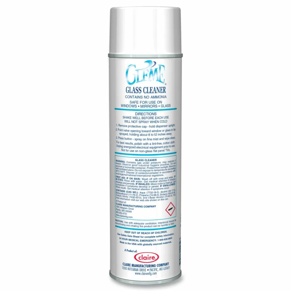 Claire Gleme Glass Cleaner, 19 oz Aerosol Spray, Dozen