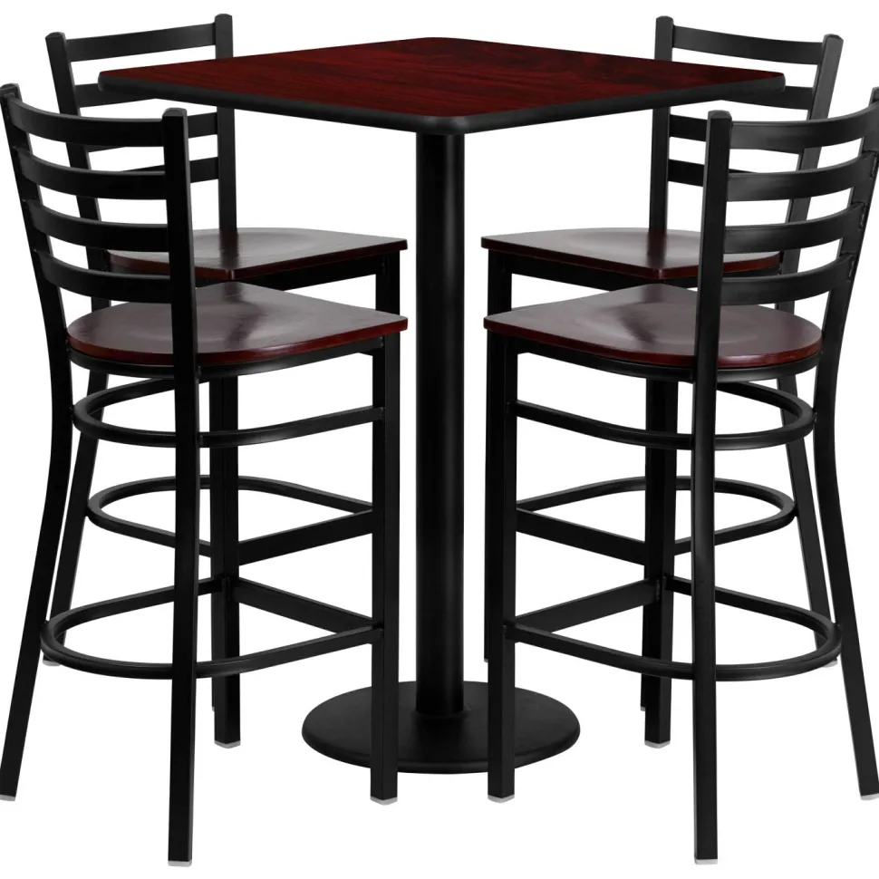 Clark 30'' Square Mahogany Laminate Table Set with 4 Ladder Back Metal Barstools - Mahogany Wood Seat