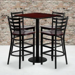 Clark 30'' Square Mahogany Laminate Table Set with 4 Ladder Back Metal Barstools - Mahogany Wood Seat