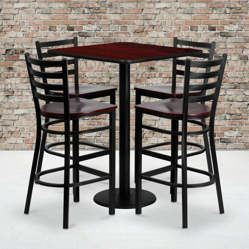 Clark 30'' Square Mahogany Laminate Table Set with 4 Ladder Back Metal Barstools - Mahogany Wood Seat