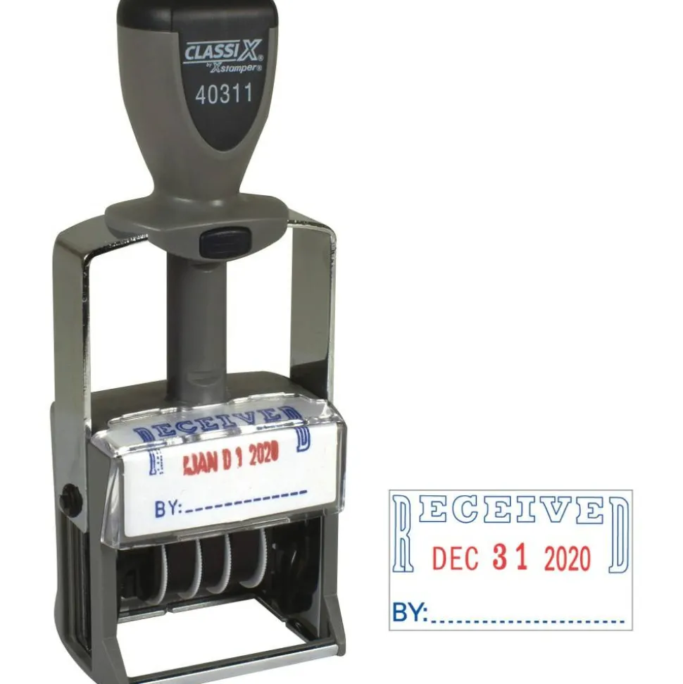 ClassiX by Xstamper Heavy-duty RECEIVED Self-Ink Dater - Message/Date Stamp - RECEIVED - Red, Blue - Metal, Plastic Metal - 1 Each