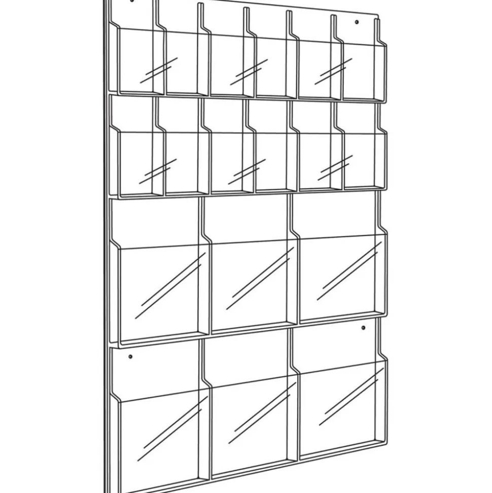 Clear Literature Rack, Combination, 6 Magazine Pockets, 12 Pamphlet Pockets