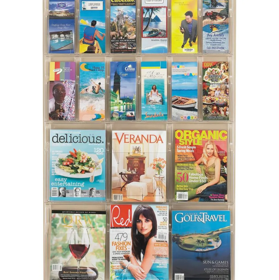 Clear Literature Rack, Combination, 6 Magazine Pockets, 12 Pamphlet Pockets