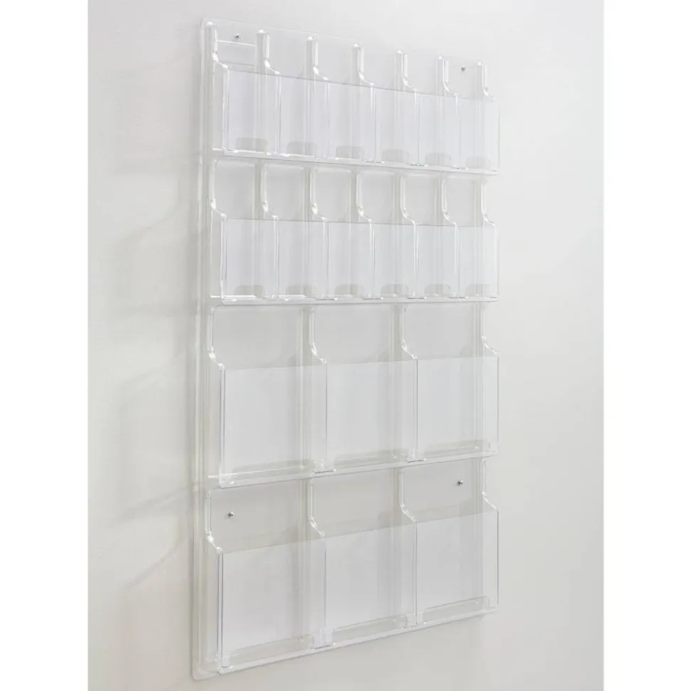 Clear Literature Rack, Combination, 6 Magazine Pockets, 12 Pamphlet Pockets