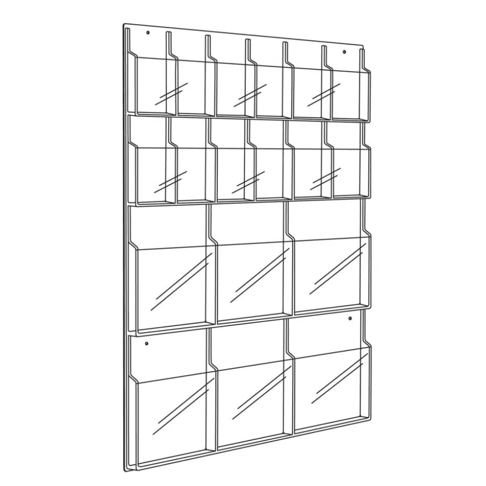 Clear Literature Rack, Combination, 6 Magazine Pockets, 12 Pamphlet Pockets