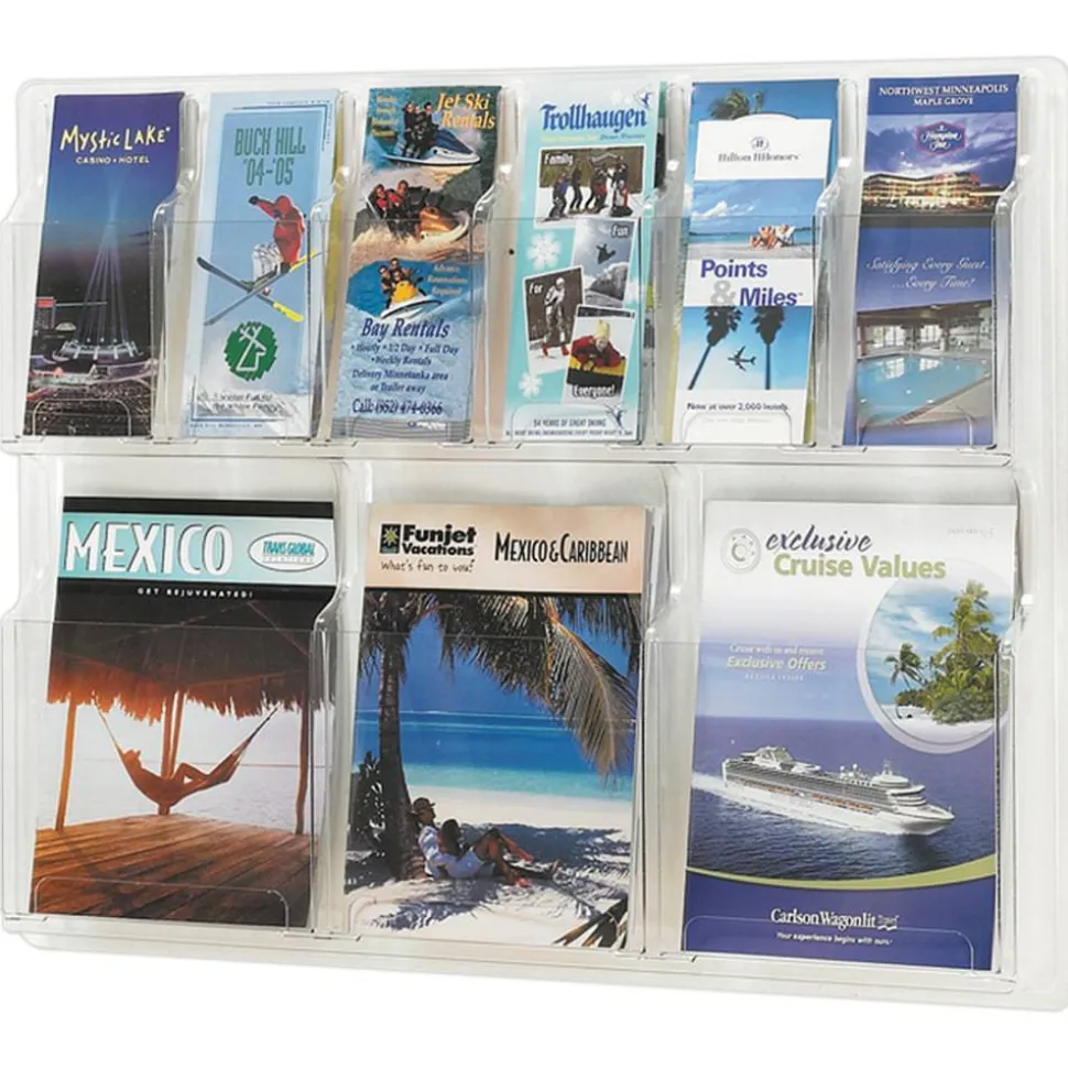 Clear Literature Rack, Combination, 3 Magazine Pockets, 6 Pamphlet Pockets