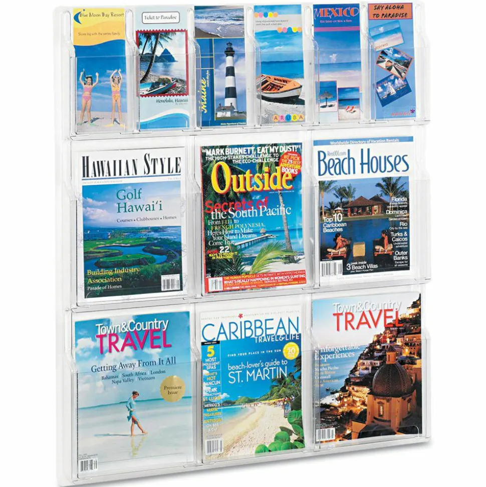 Clear Literature Rack, Combination, 6 Magazine Pockets, 6 Pamphlet Pockets