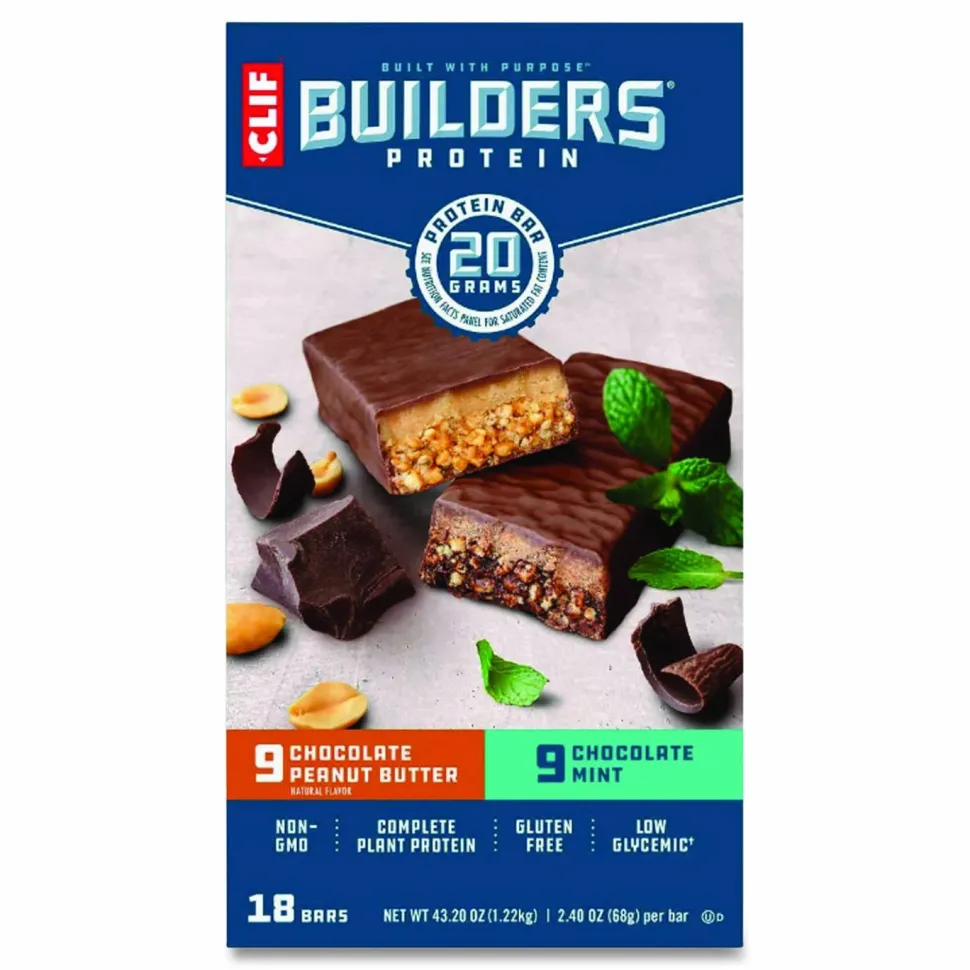 CLIF Bar Builders Protein Bar, Variety Pack, Chocolate Mint/Chocolate Peanut Butter, 2.4 oz Bar, 18 Bars/Box