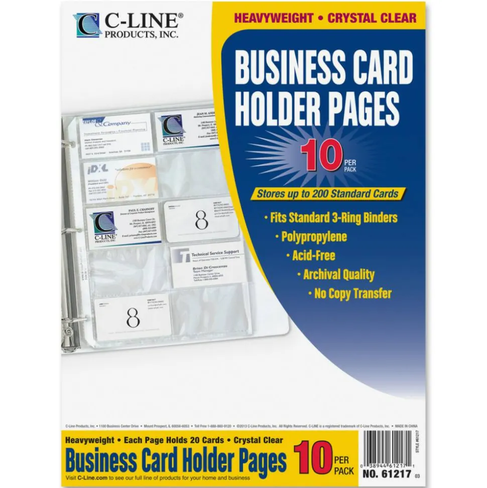 C-Line Business Card Holders Without Tabs, 8 1/8" x 11 1/4", 3-Hole Punched, Pack Of 10