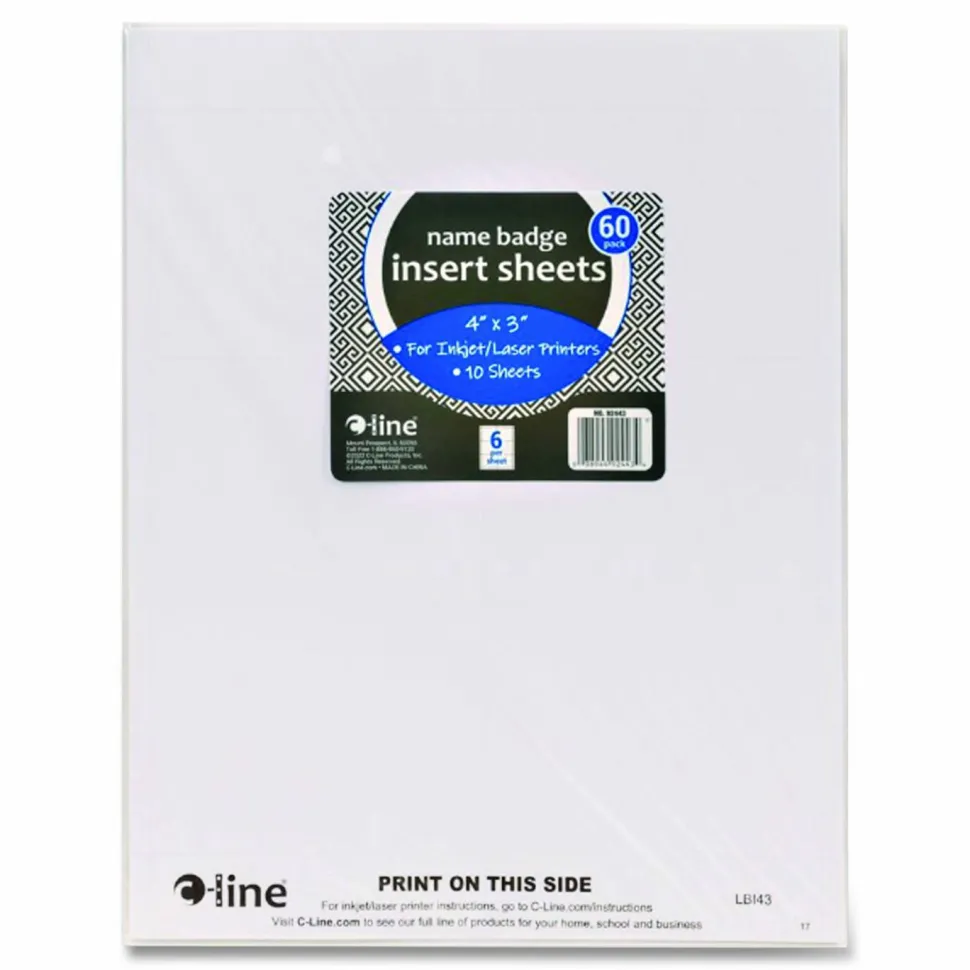 C-Line Name Badge Inserts, 4 x 3, White, 60/Pack