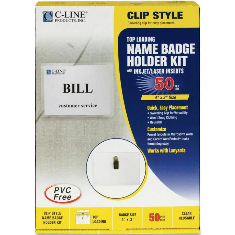 C-Line Sealed Clip Style Badge Holder Kit, Top Loading, 3" x 4"