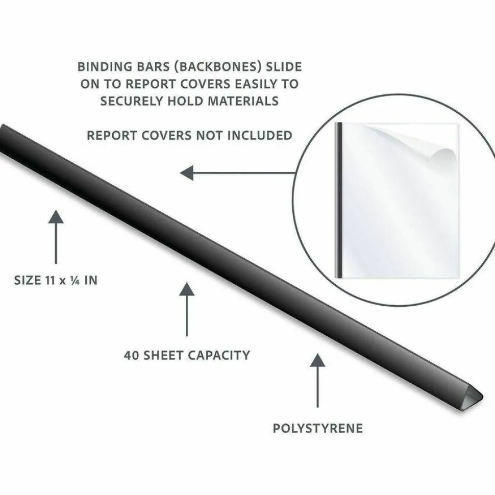 C-Line Slide 'N Grip Binding Bars, 40-Sheet Capacity, 11" x 0.25", Black, 100/Box
