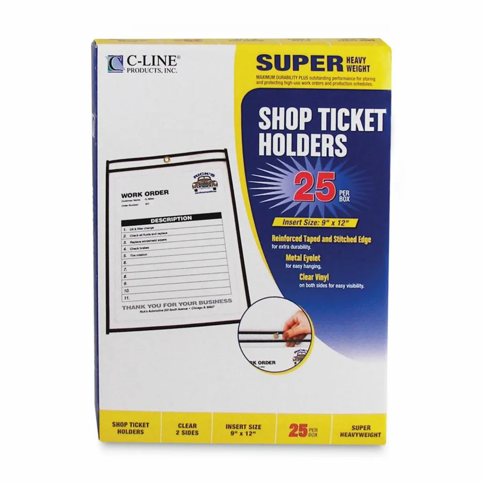 C-Line Stitched Vinyl Shop Ticket Holders, 9" x 12", Clear, Box Of 25