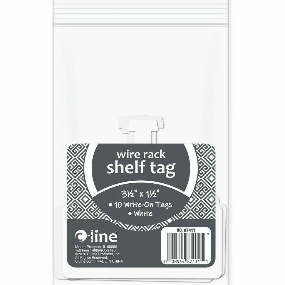 C-Line Wire Rack Shelf Tag, Side Load, 3.5 x 1.5, White, 10/Pack