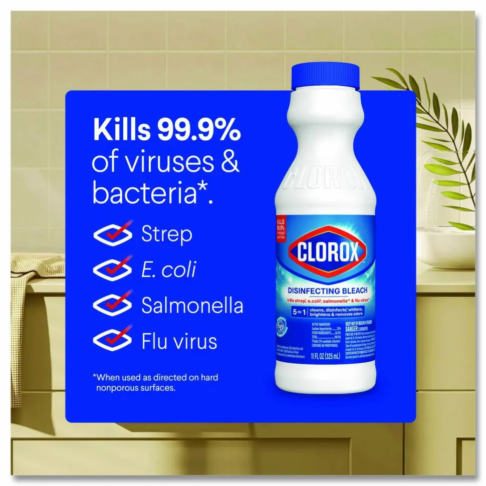 Clorox Concentrated Regular Disinfecting Bleach, Unscented, 11 oz Bottle, 28/Carton