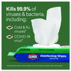 Clorox Disinfecting Cleaning Wipes, Flex Pack, 1-Ply, 8 x 7, Fresh Scent, White, 75 Towels/Box, 6 Boxes/Carton