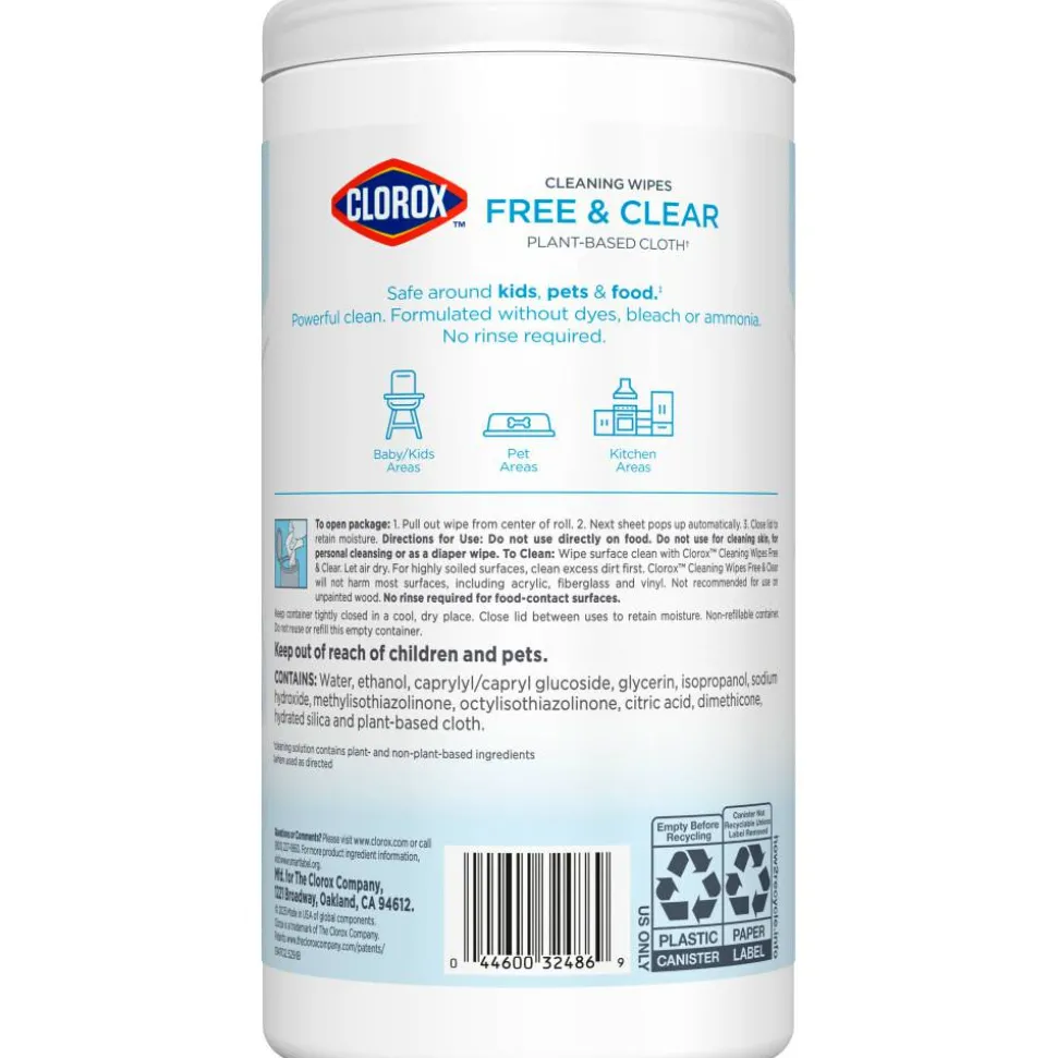 Clorox Free & Clear Cleaning Wipes, Fragrance Free, 75 Wipes Per Canister