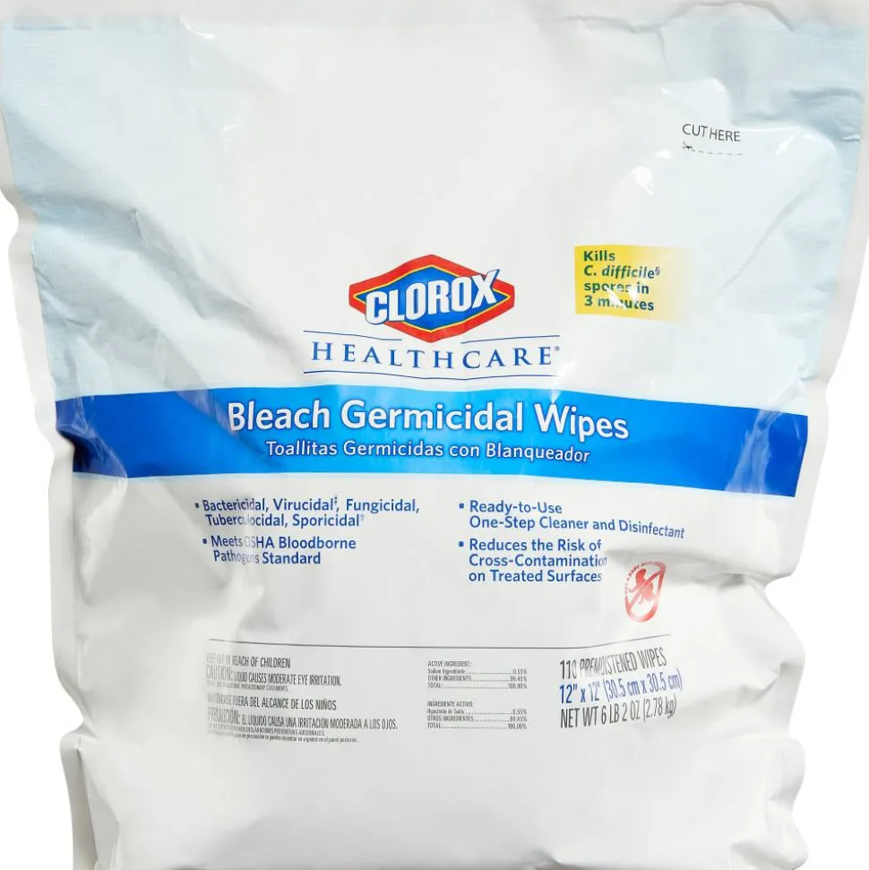 Clorox Healthcare Bleach Germicidal Wipes, 12" x 12", White, 110 Wipes Per Pack, Case Of 2 Packs