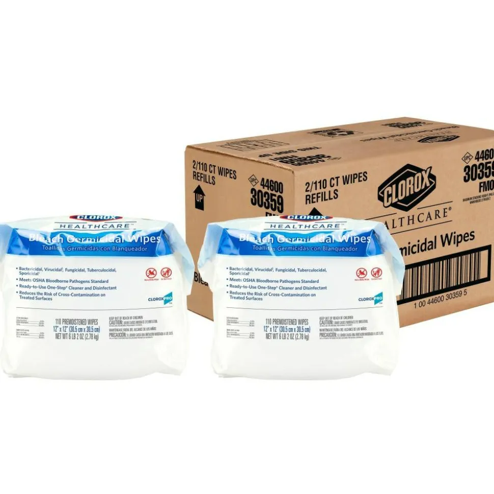 Clorox Healthcare Bleach Germicidal Wipes, 12" x 12", White, 110 Wipes Per Pack, Case Of 2 Packs