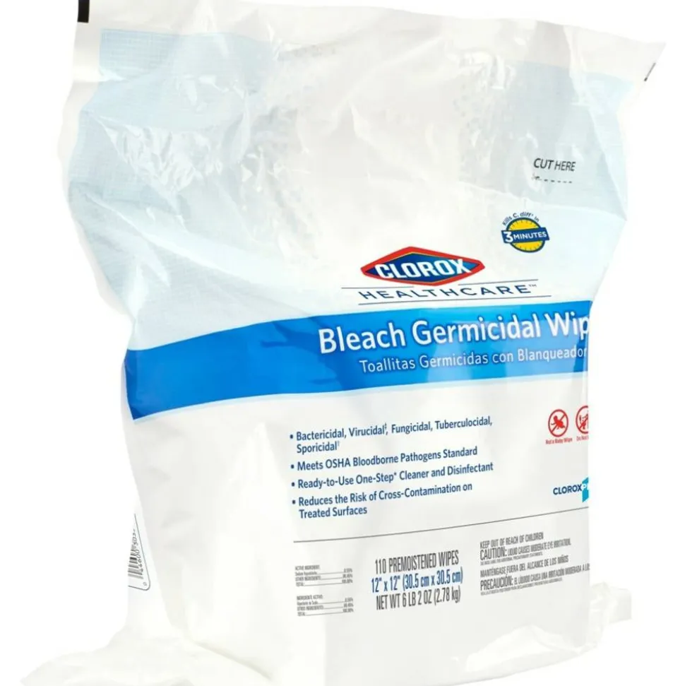 Clorox Healthcare Bleach Germicidal Wipes Refill - Ready-To-Use Wipe - 110 / Bag - 1 Each - White