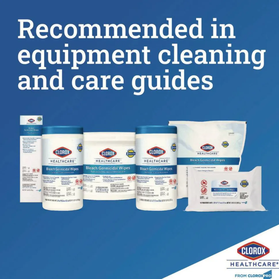 Clorox Healthcare Bleach Germicidal Wipes, 1-Ply, 6.75 x 9, Unscented, White, 100 Wipes/Flat Pack, 6 Packs/Carton