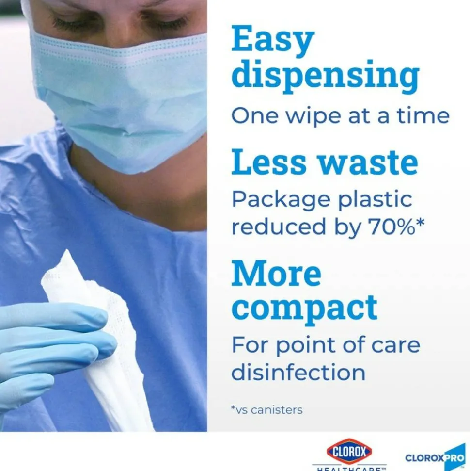 Clorox Healthcare Bleach Germicidal Wipes, 1-Ply, 6.75 x 9, Unscented, White, 100 Wipes/Flat Pack, 6 Packs/Carton