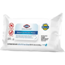 Clorox Healthcare Bleach Germicidal Wipes, 1-Ply, 6.75 x 9, Unscented, White, 100 Wipes/Flat Pack, 6 Packs/Carton